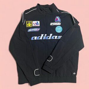 black adidas original track jacket with sick printed graphics